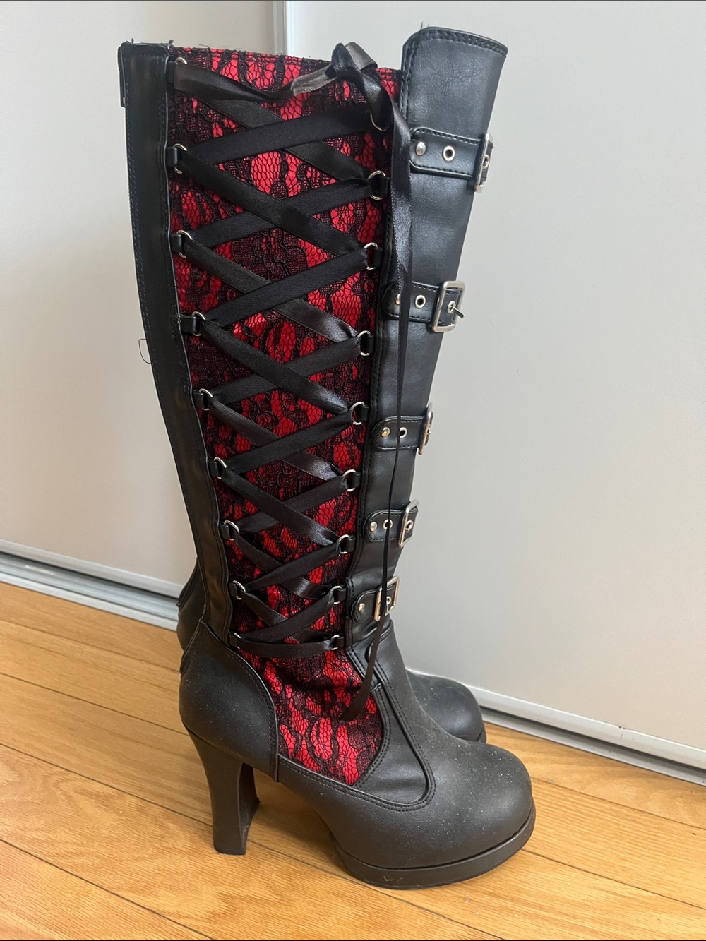 Demonia Black and Red Lace-Up High Heel Gothic Boots